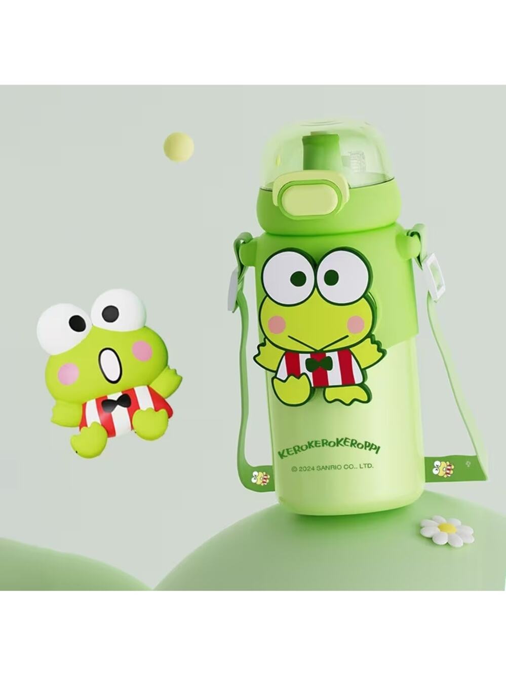 #6806 Keroppi Water Bottle - 15.55oz Licensed Stainless Steel with neck lanyard